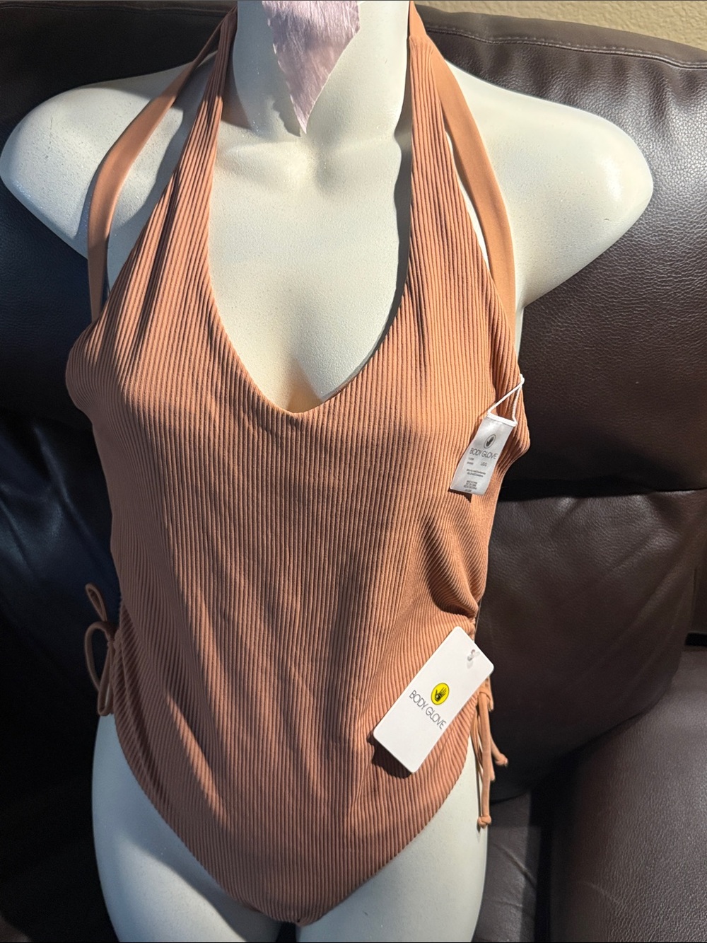 Ribbed Halter One-Piece Swimsuit in Terracotta